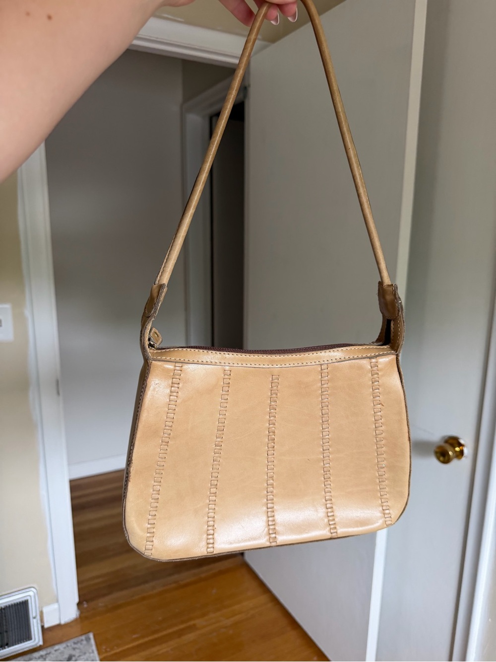 Classic Tan Shoulder Bag with Whipstitch Panels